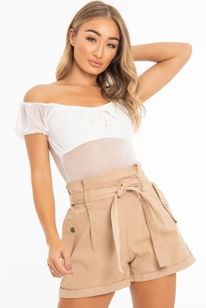 White Mesh Puff Sleeve Tie Front Bodysuit - Suki