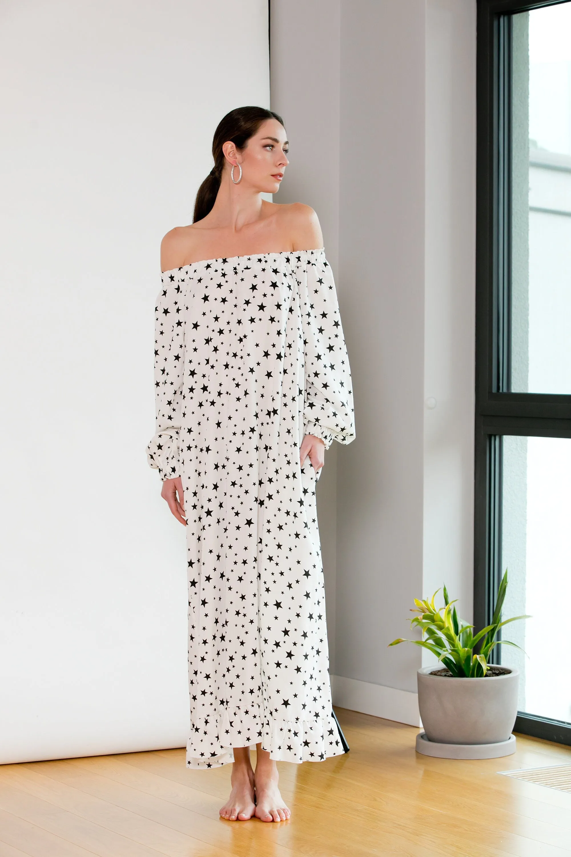 Women Boho Dress, Star Print Dress, Off Shoulder Dress, White Maxi Dress, Kaftan Dress, Plus Size Dress, Maternity Dress, Avant Garde Dress