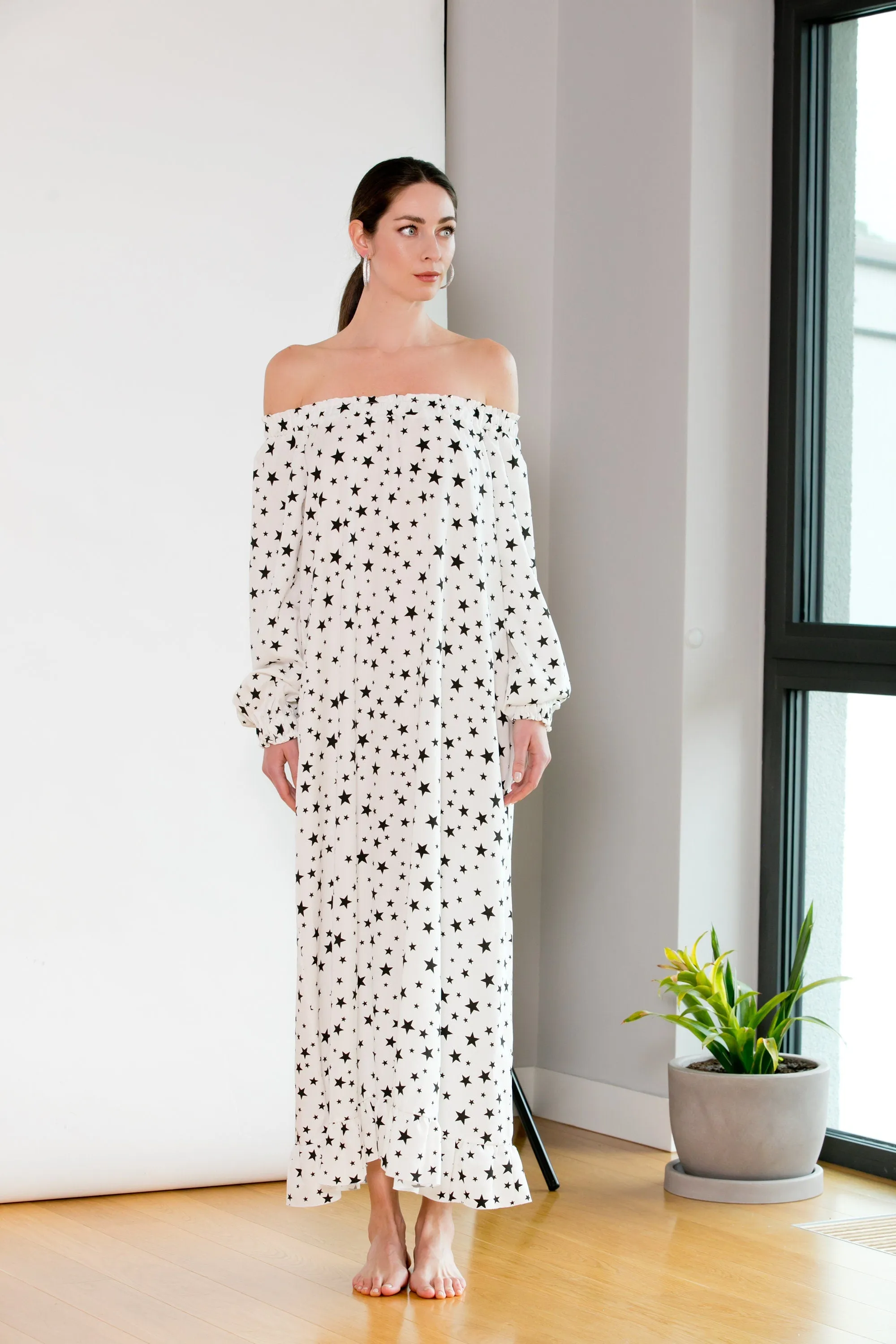 Women Boho Dress, Star Print Dress, Off Shoulder Dress, White Maxi Dress, Kaftan Dress, Plus Size Dress, Maternity Dress, Avant Garde Dress