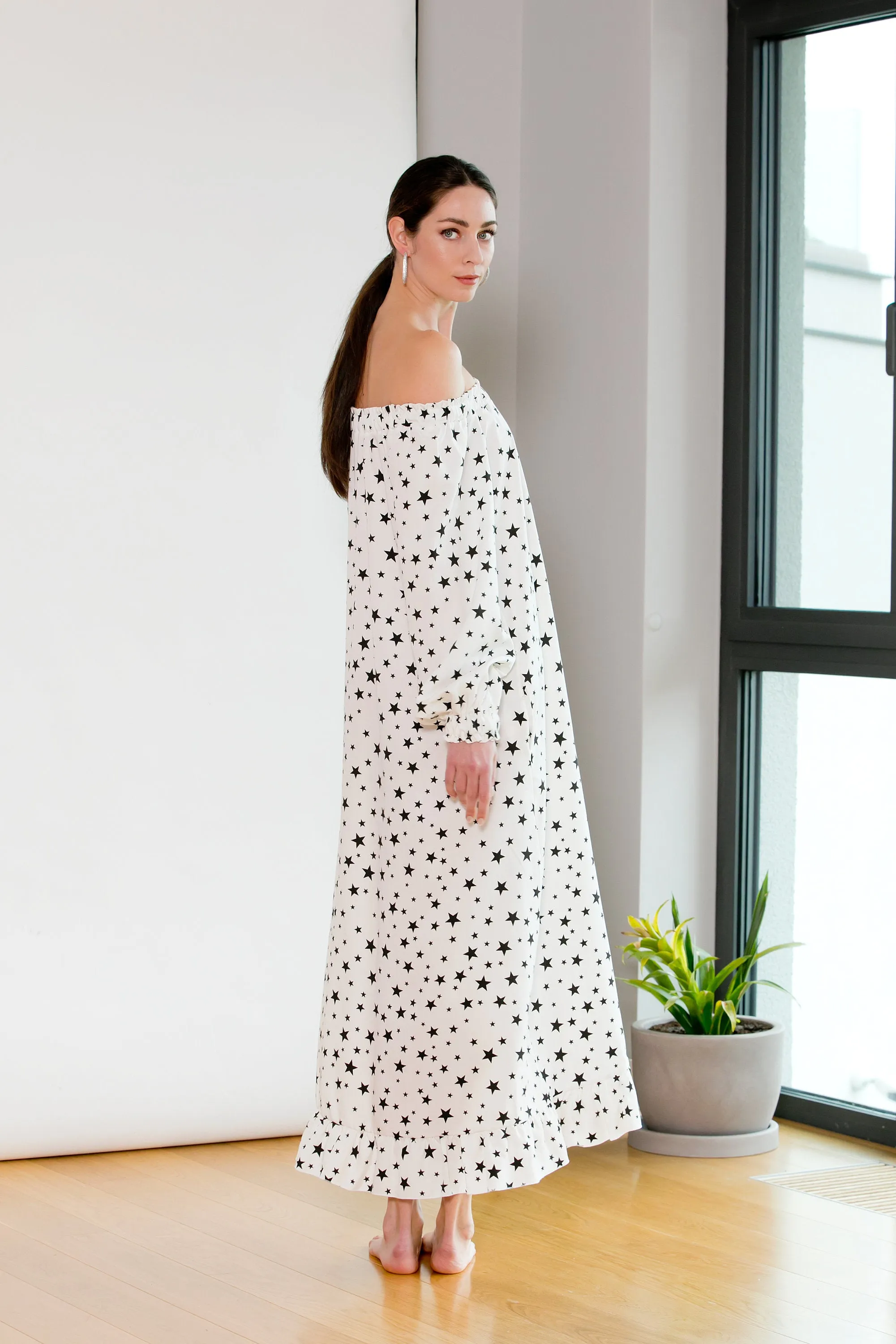 Women Boho Dress, Star Print Dress, Off Shoulder Dress, White Maxi Dress, Kaftan Dress, Plus Size Dress, Maternity Dress, Avant Garde Dress