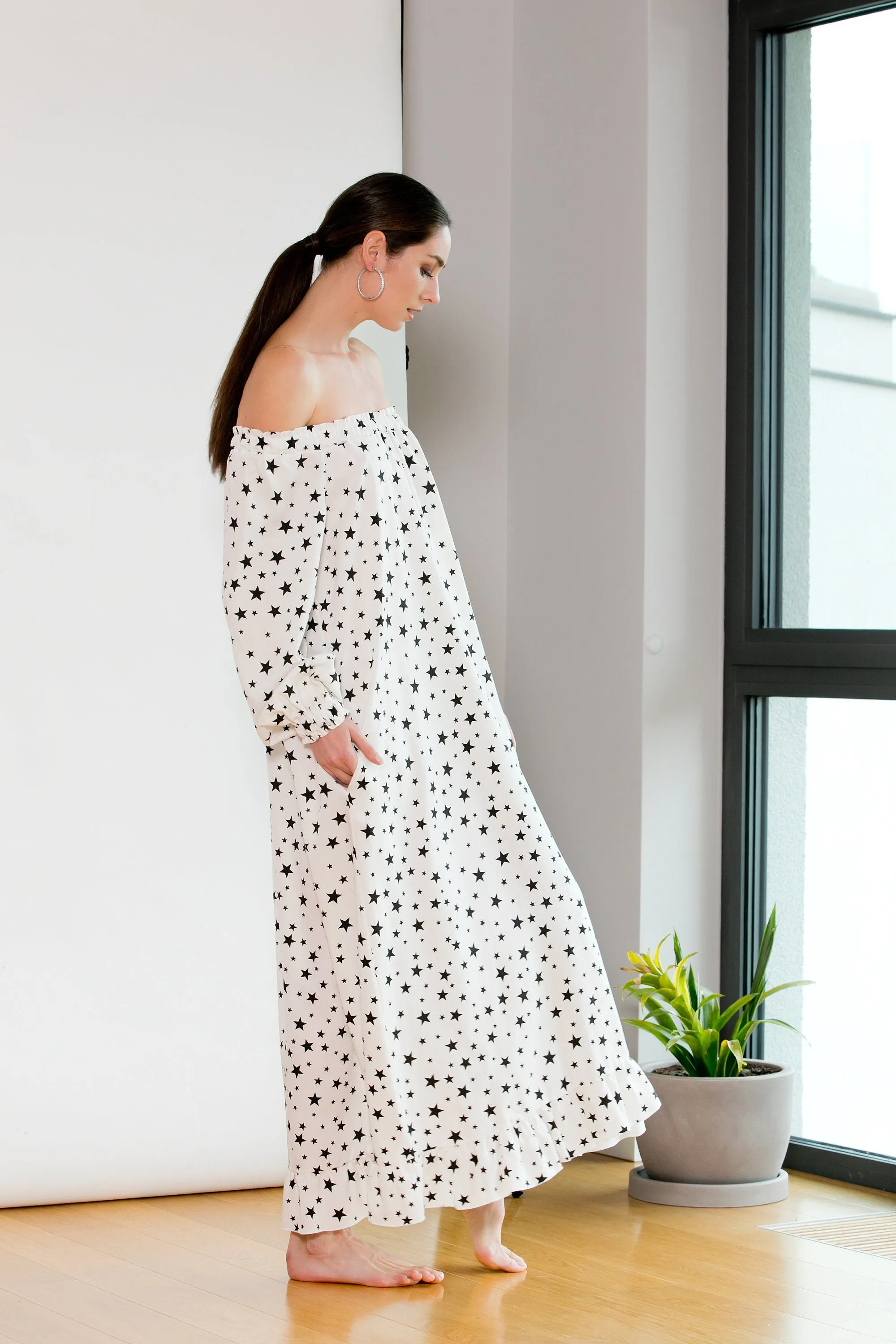 Women Boho Dress, Star Print Dress, Off Shoulder Dress, White Maxi Dress, Kaftan Dress, Plus Size Dress, Maternity Dress, Avant Garde Dress