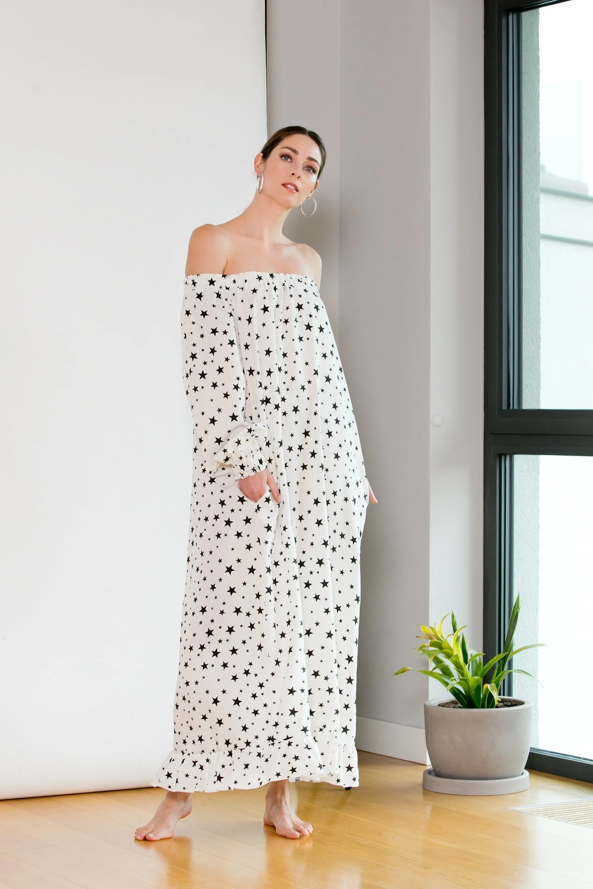 Women Boho Dress, Star Print Dress, Off Shoulder Dress, White Maxi Dress, Kaftan Dress, Plus Size Dress, Maternity Dress, Avant Garde Dress
