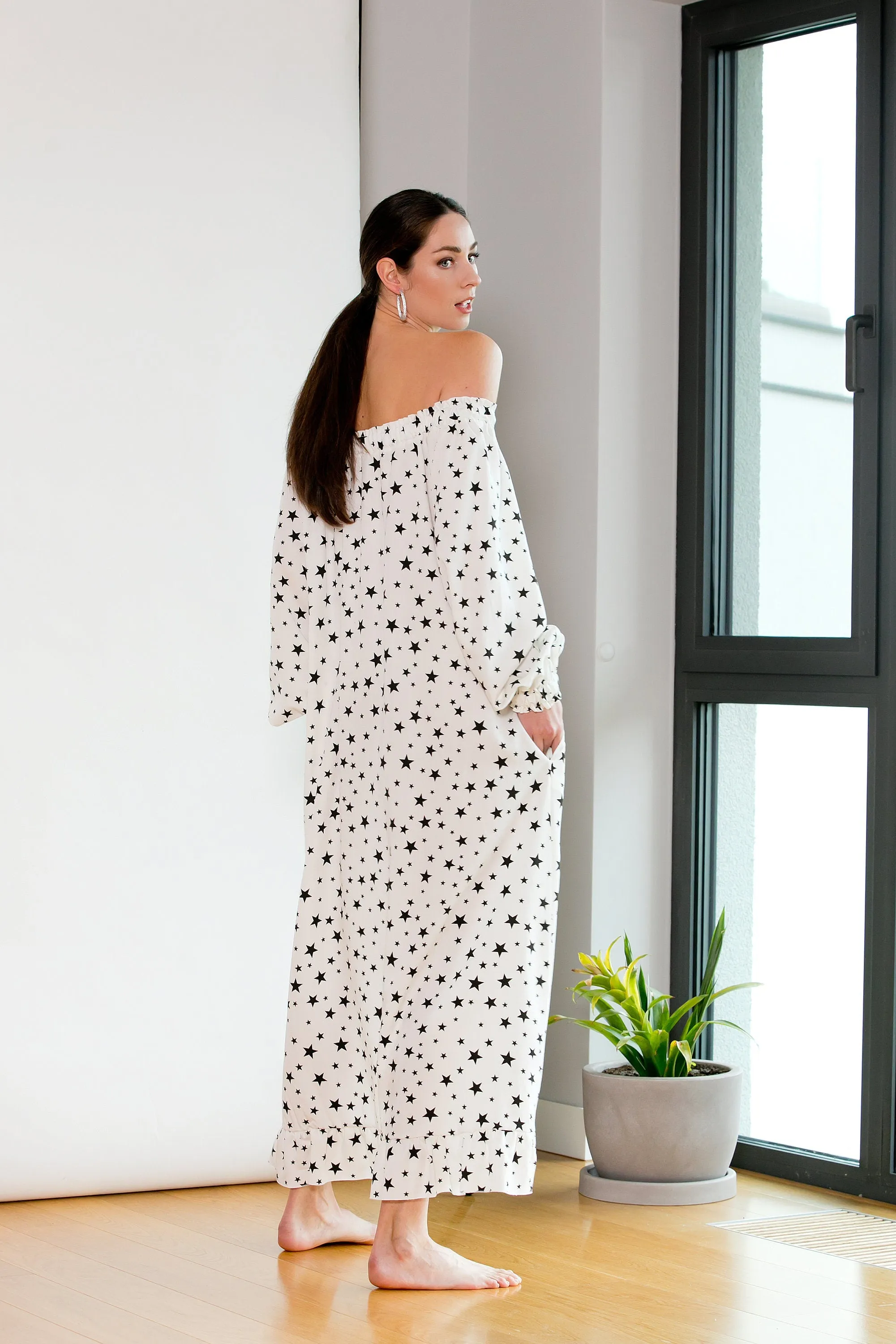 Women Boho Dress, Star Print Dress, Off Shoulder Dress, White Maxi Dress, Kaftan Dress, Plus Size Dress, Maternity Dress, Avant Garde Dress
