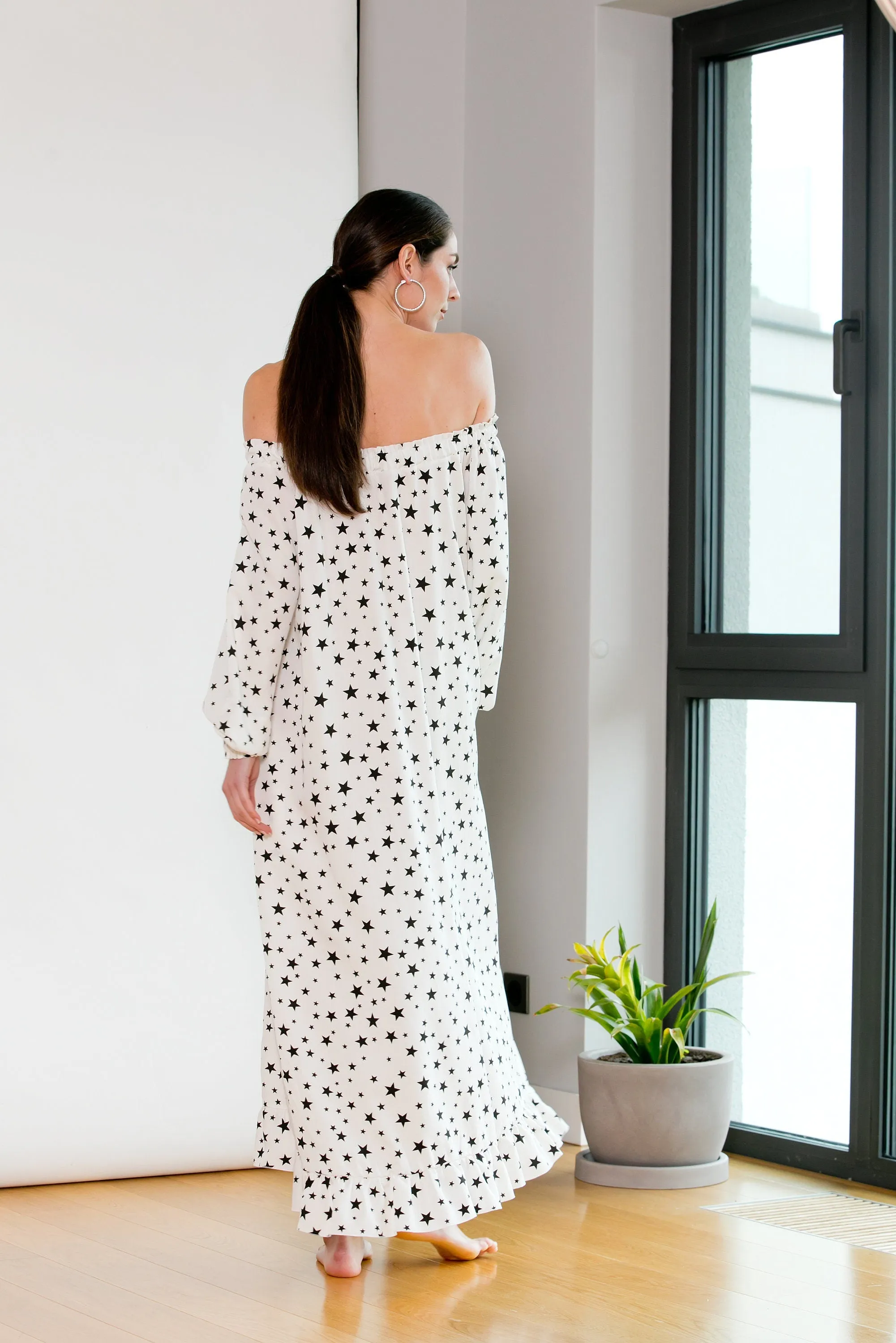 Women Boho Dress, Star Print Dress, Off Shoulder Dress, White Maxi Dress, Kaftan Dress, Plus Size Dress, Maternity Dress, Avant Garde Dress