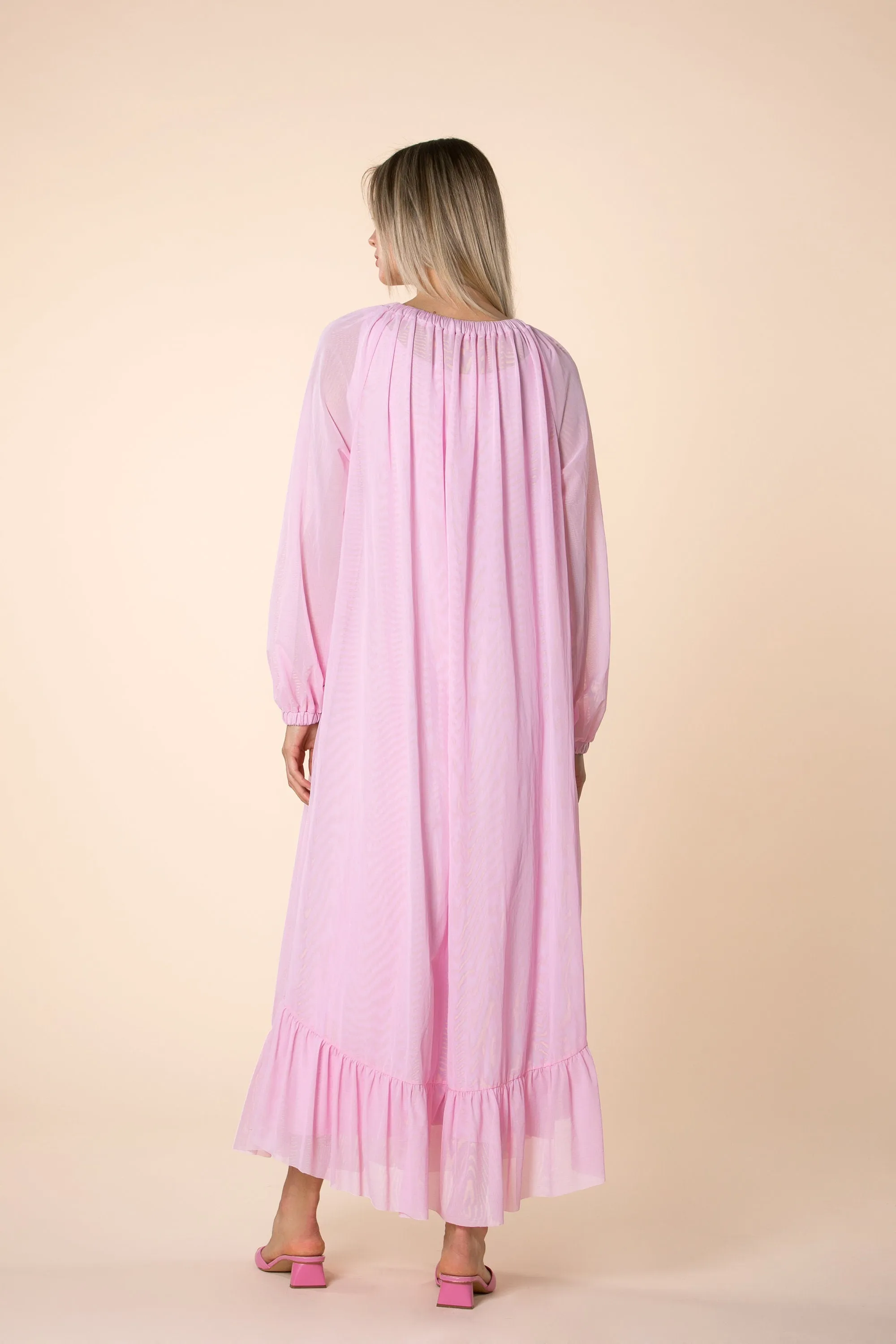 Women Pink Dress, Pink Kaftan Dress, Bridesmaid Dress, Long Sleeve Dress, Ruffle Dress, Bishop Sleeve Dress, Plus Size Clothing, Loose
