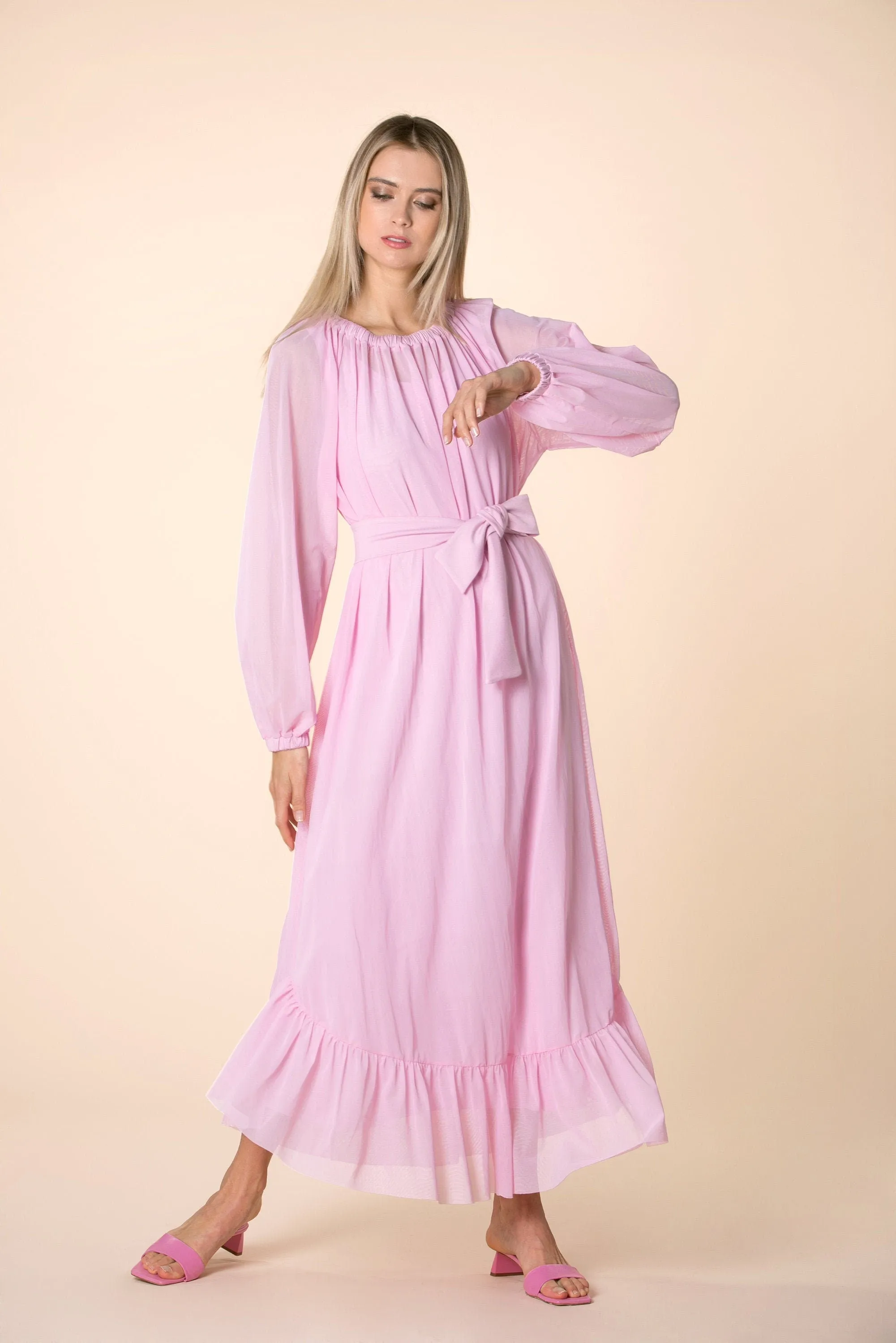 Women Pink Dress, Pink Kaftan Dress, Bridesmaid Dress, Long Sleeve Dress, Ruffle Dress, Bishop Sleeve Dress, Plus Size Clothing, Loose