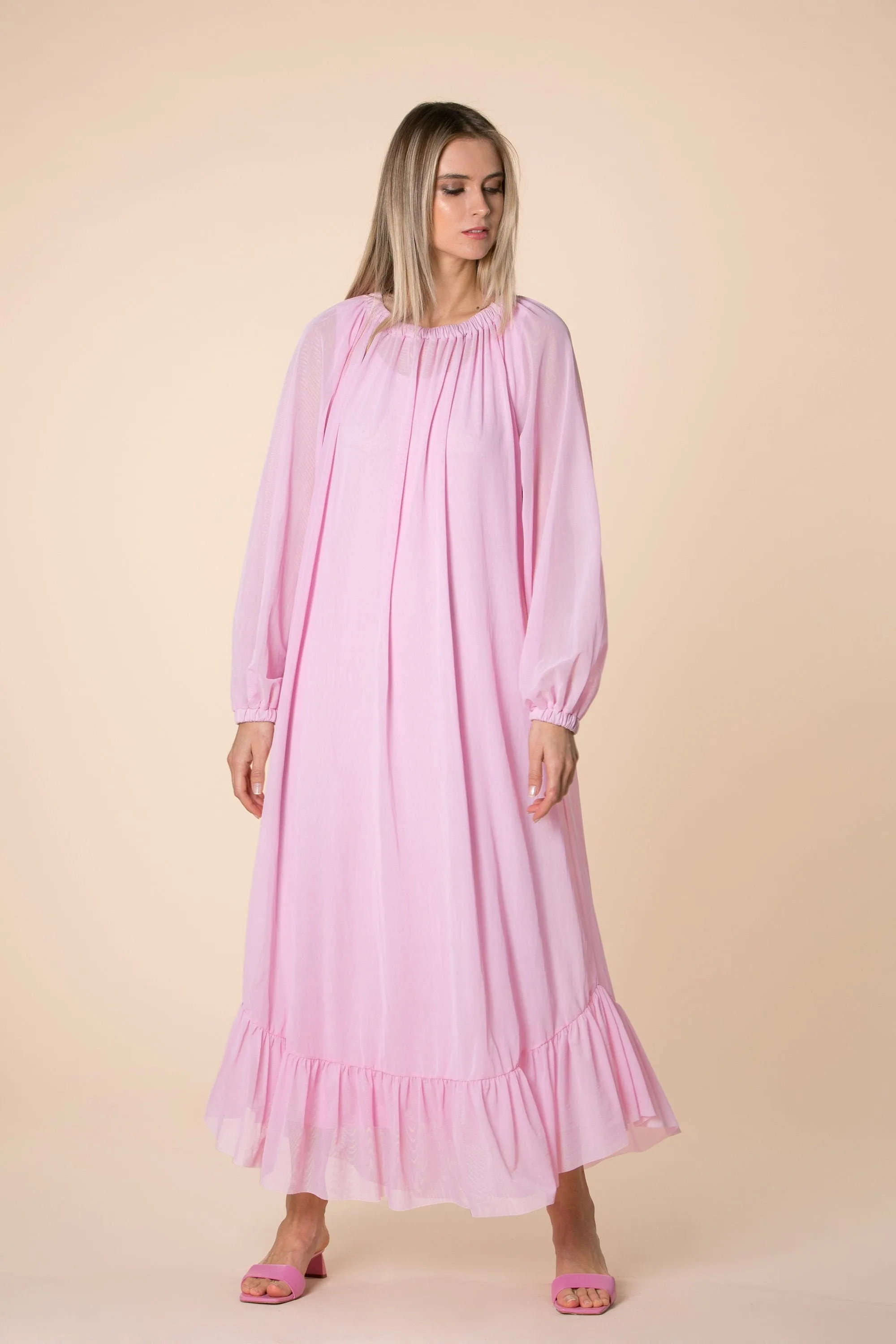 Women Pink Dress, Pink Kaftan Dress, Bridesmaid Dress, Long Sleeve Dress, Ruffle Dress, Bishop Sleeve Dress, Plus Size Clothing, Loose