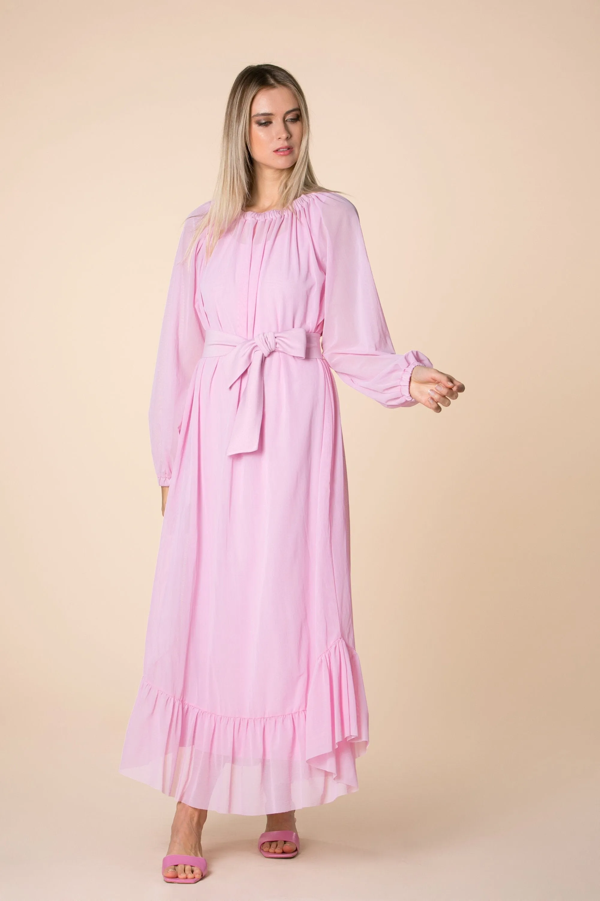 Women Pink Dress, Pink Kaftan Dress, Bridesmaid Dress, Long Sleeve Dress, Ruffle Dress, Bishop Sleeve Dress, Plus Size Clothing, Loose