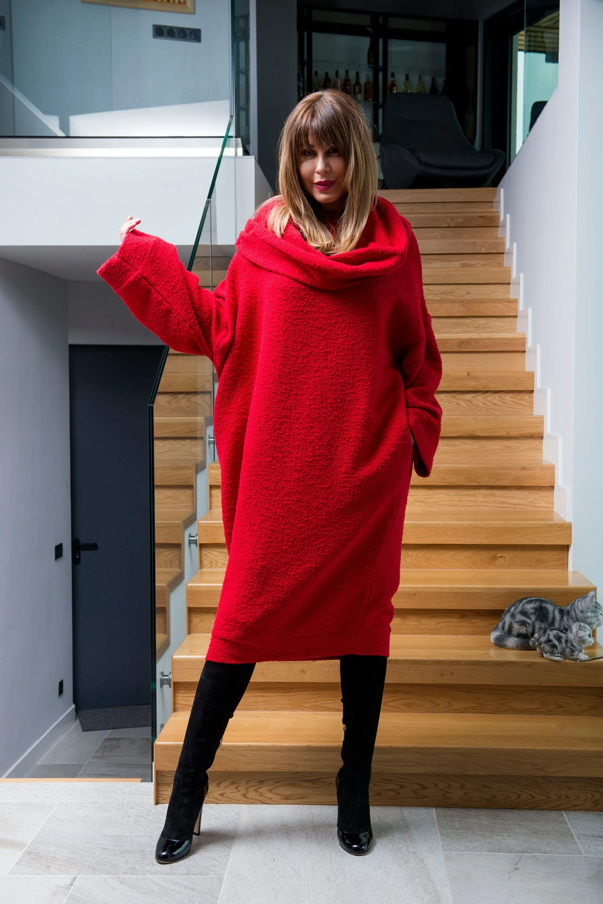 Women Sweater Dress, Loose Fit Dress for Winter, Cowl Neck Dress with Pockets, Plus Size Dress, Oversized Winter Dress