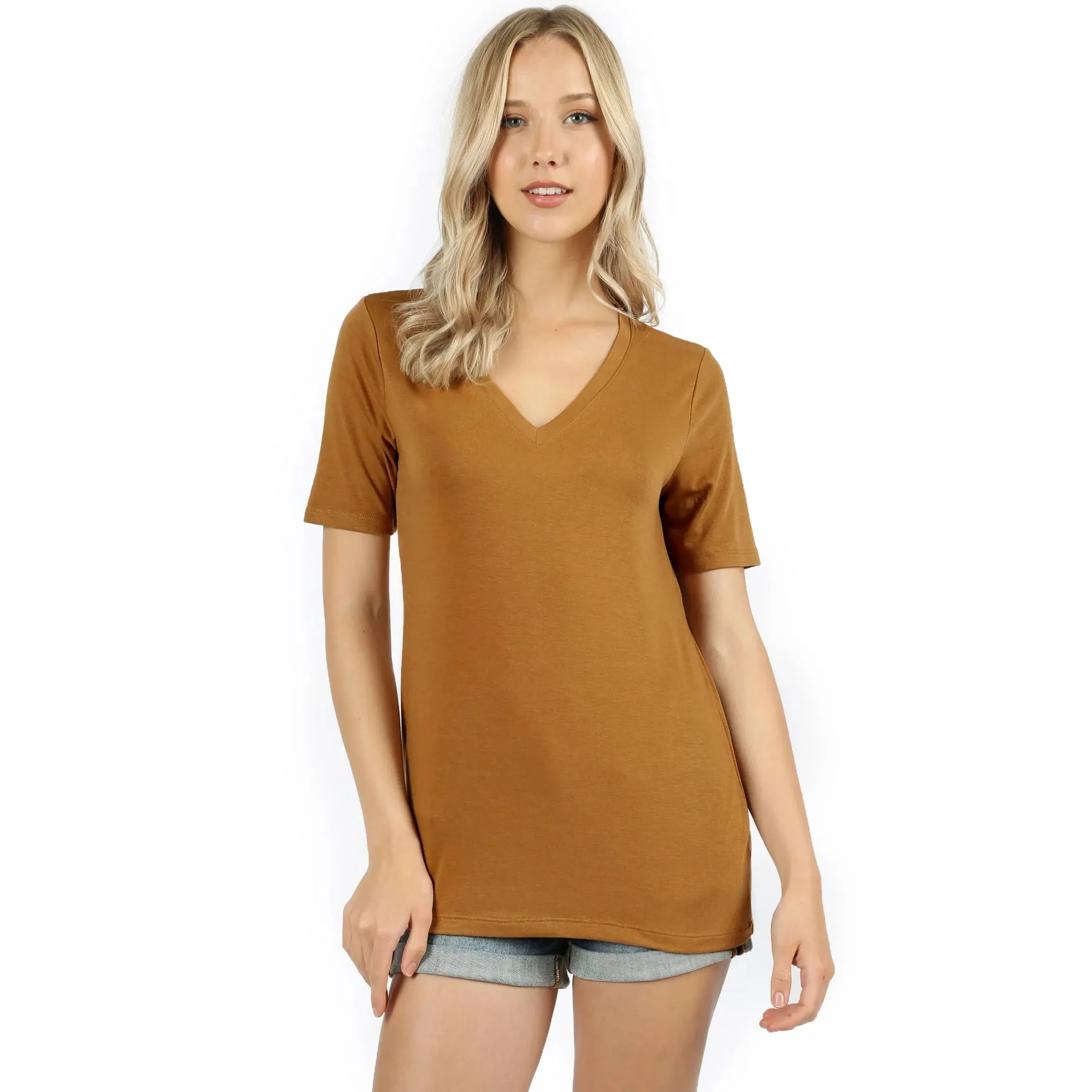 Zenana premium Fabric Short Sleeve V-Neck Tee COFFEE RT-2109P
